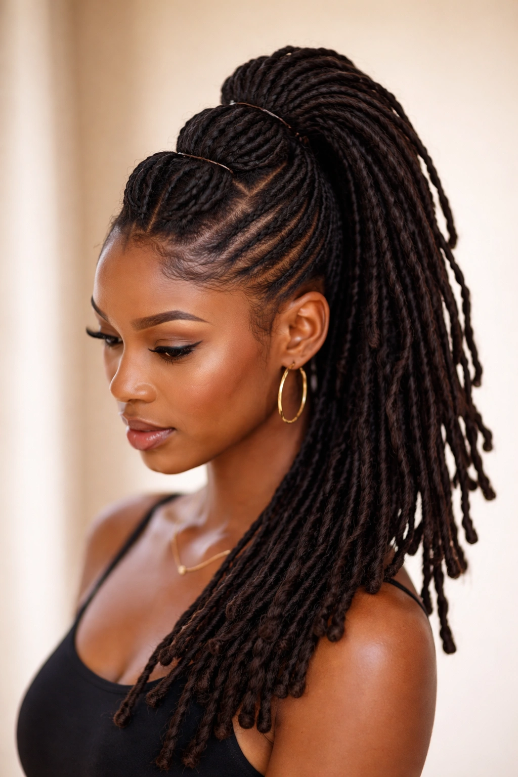 Close-up of a mohawk-style bubble ponytail with a central ridge on locs