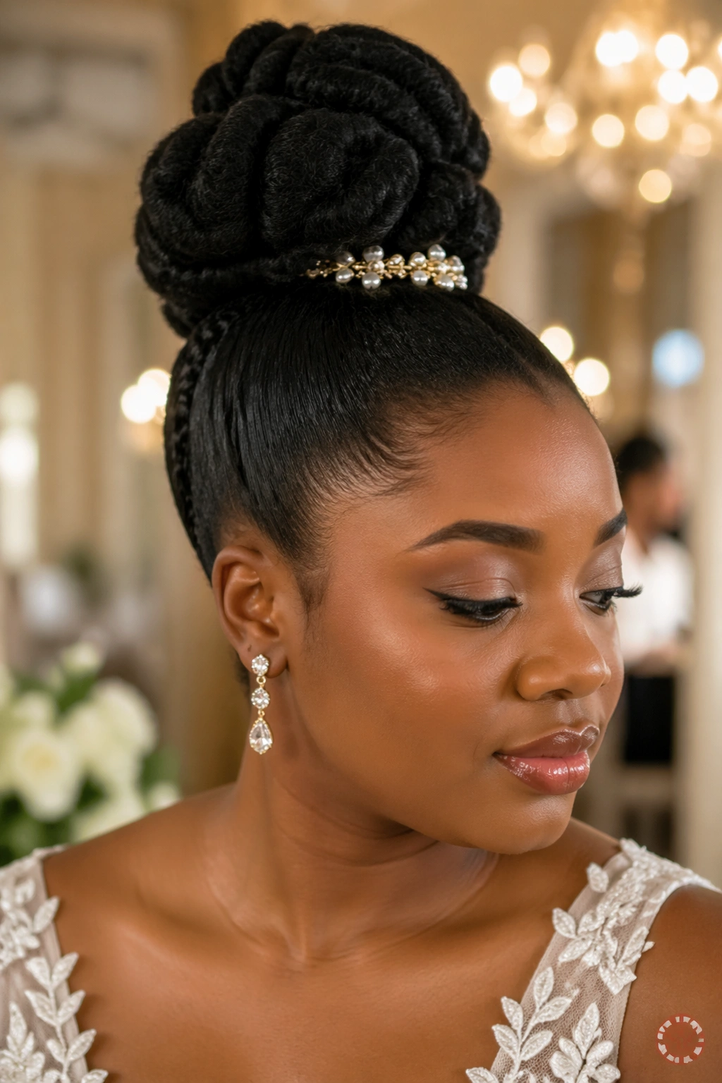 Bride with natural hair mohawk bun