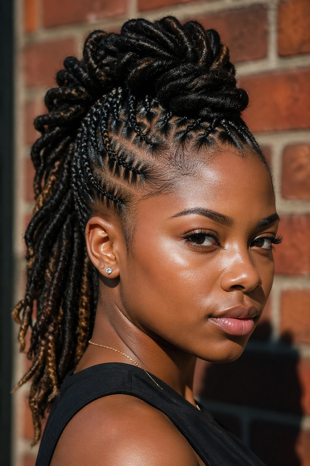 Real woman with a Mohawk butterfly braid ponytail featuring a raised center ridge and shaved sides.