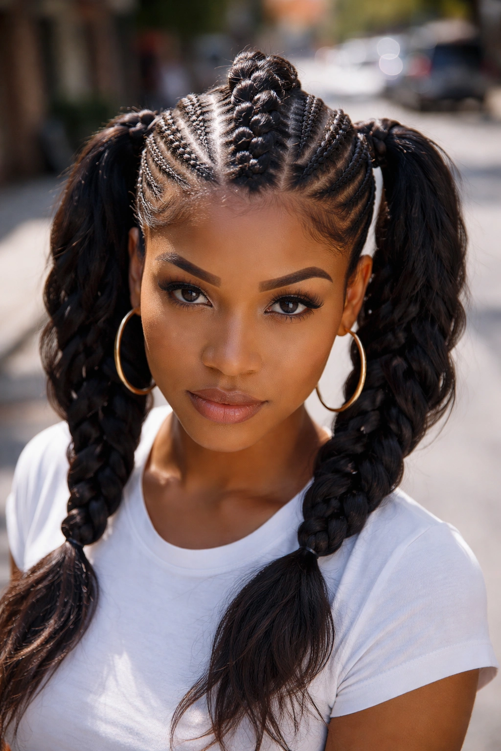 Center mohawk strip cornrows with side pigtails