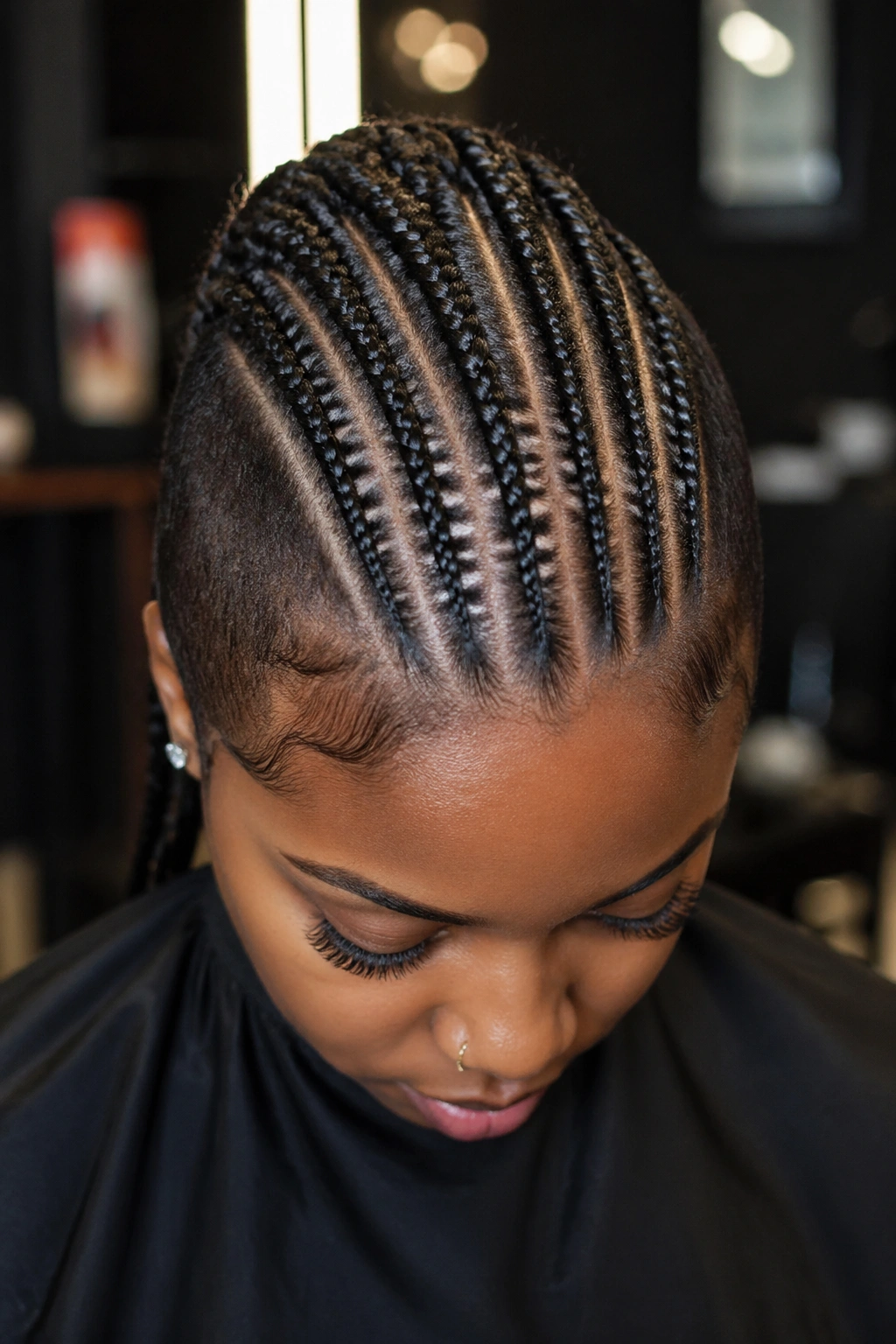 Portrait of a real person featuring a center strip of small stitch cornrows like a mohawk.