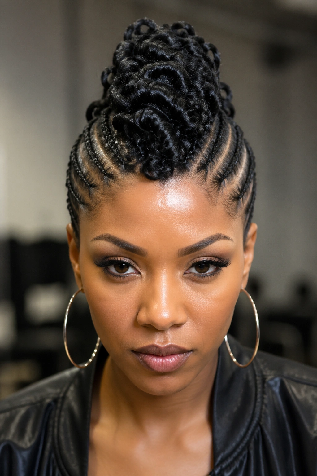Front portrait of a woman with mohawk cornrow base and curling crest