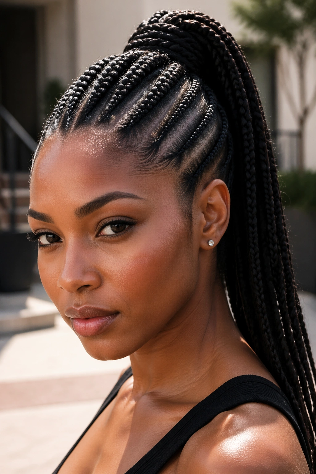Close-up portrait of a real Black woman with a mohawk-inspired cornrow ponytail.