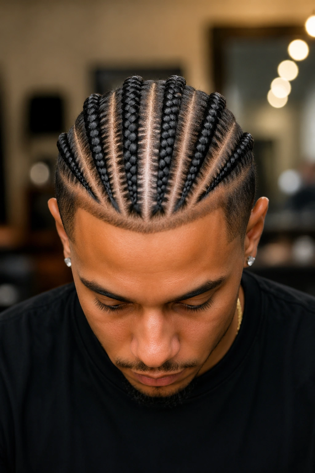 Close-up portrait of a real person with a mohawk-style eight-cornrow arrangement