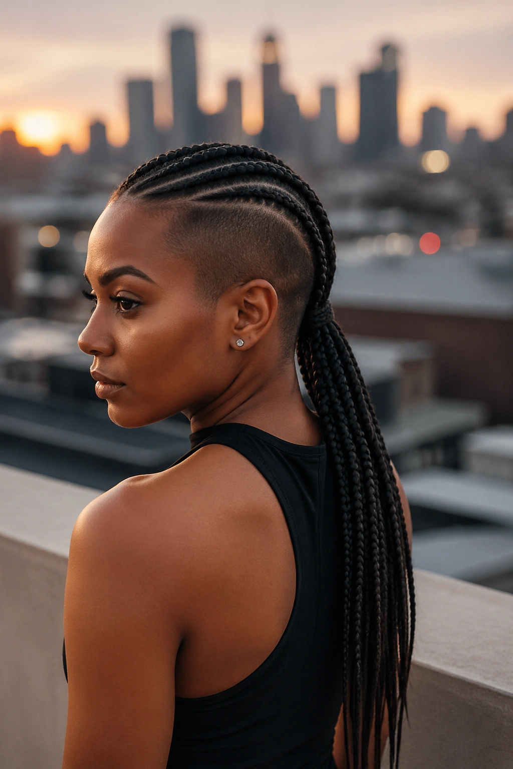 Mohawk cornrows transitioning into a box braid tail on a real person