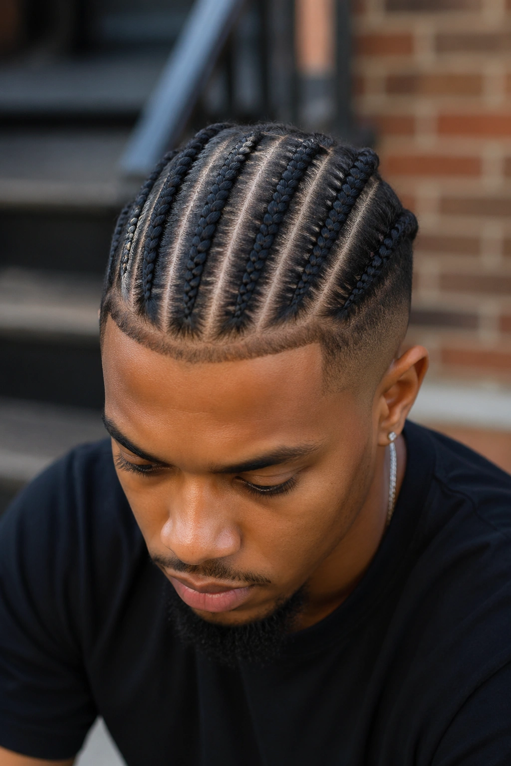 Close-up of a person with a center Mohawk of five cornrows