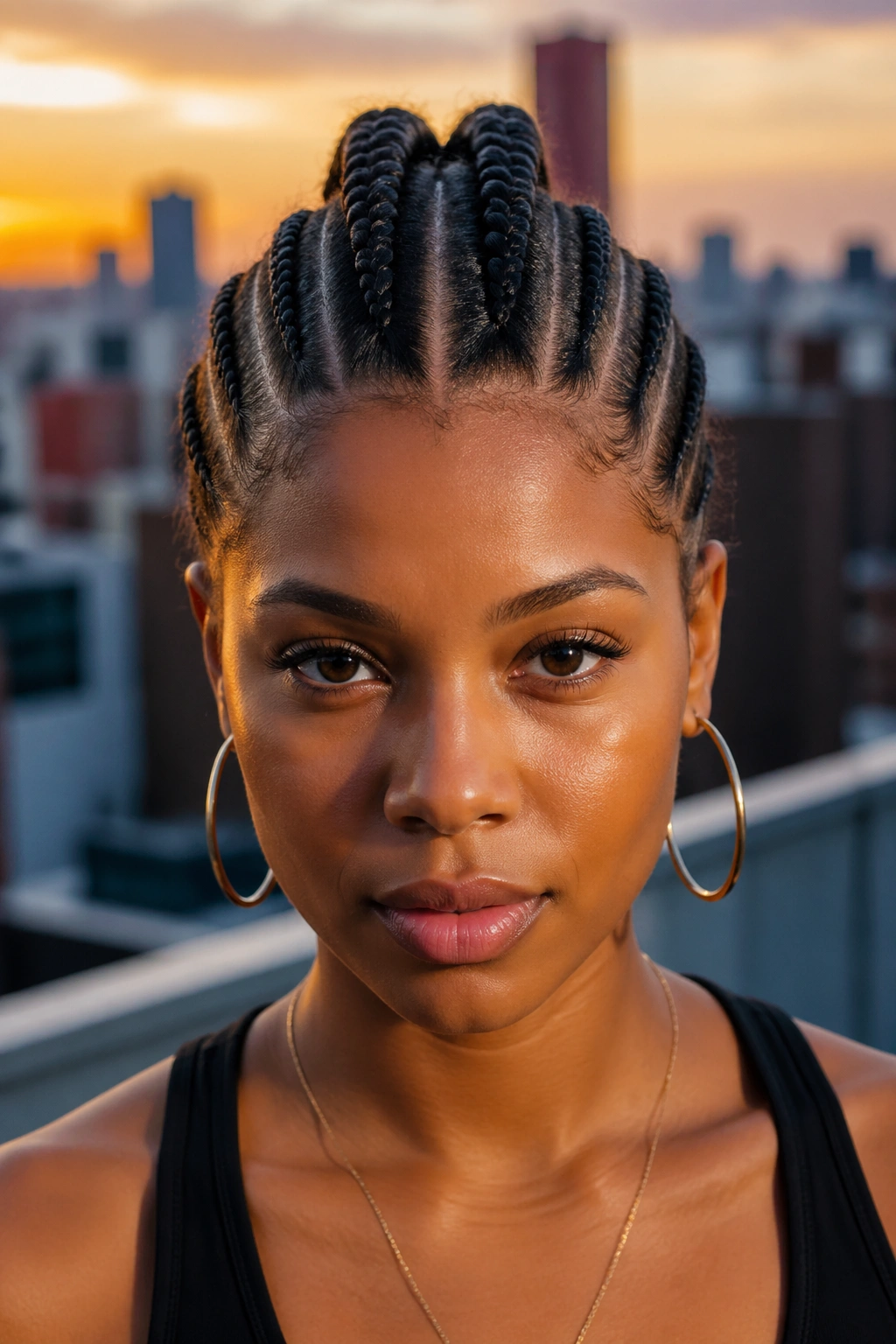 Portrait of a real woman with straight-back mohawk cornrows.