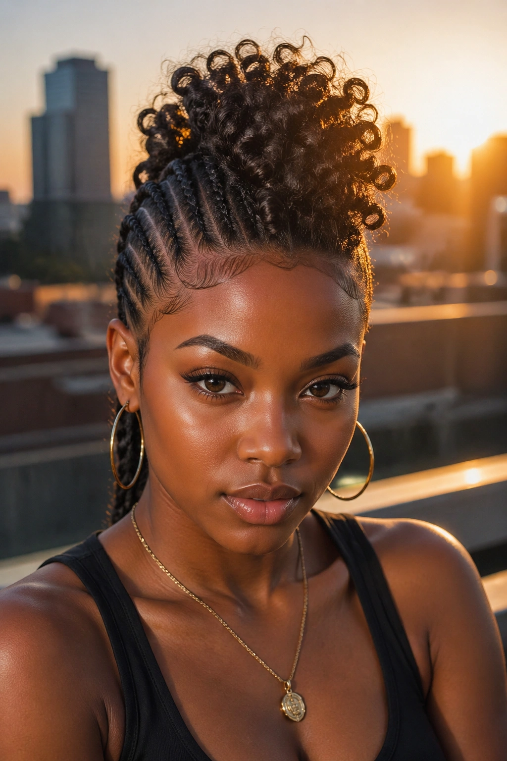 Front portrait showing mohawk-style cornrows and curled top