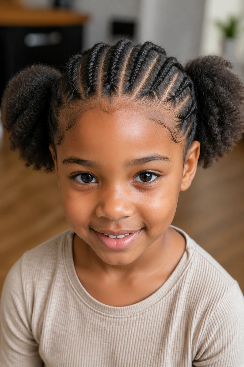 Child with Mohawk cornrows and side puffs