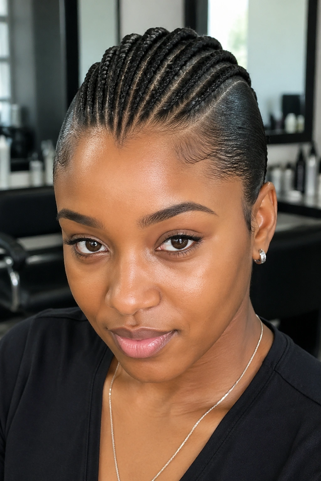 Close-up of a real person's small Mohawk cornrows with slicked sides