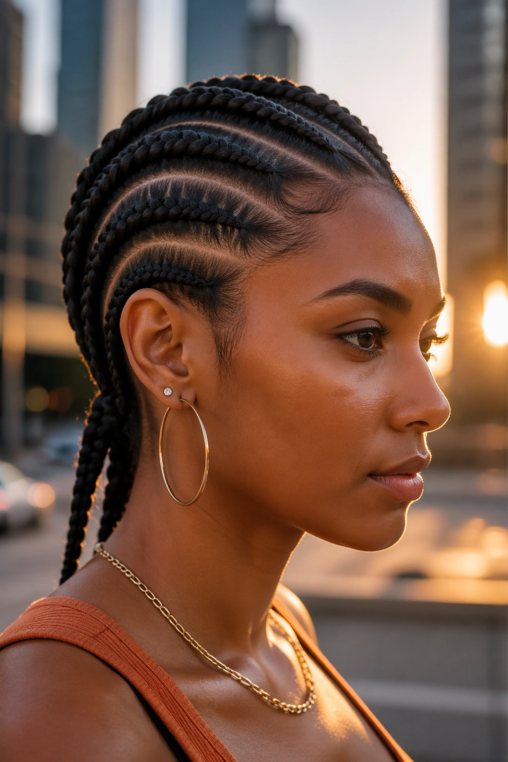 Close-up of a real person with Mohawk-style cornrows on urban street at golden hour