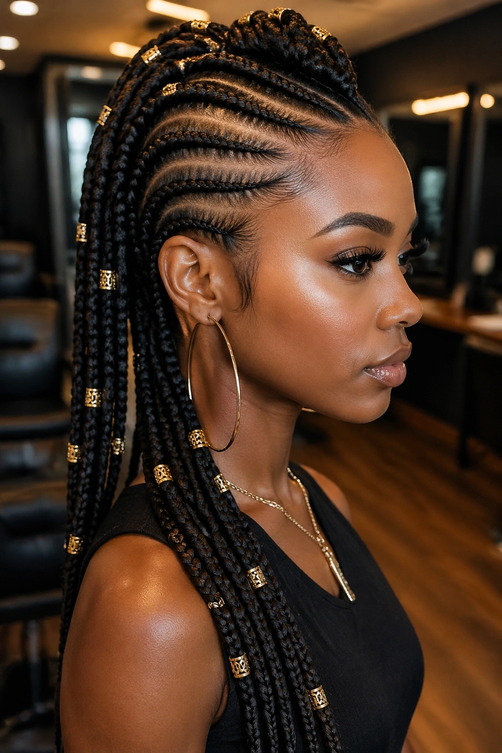 Close-up of a woman with cornrow mohawk and cuffed center tails