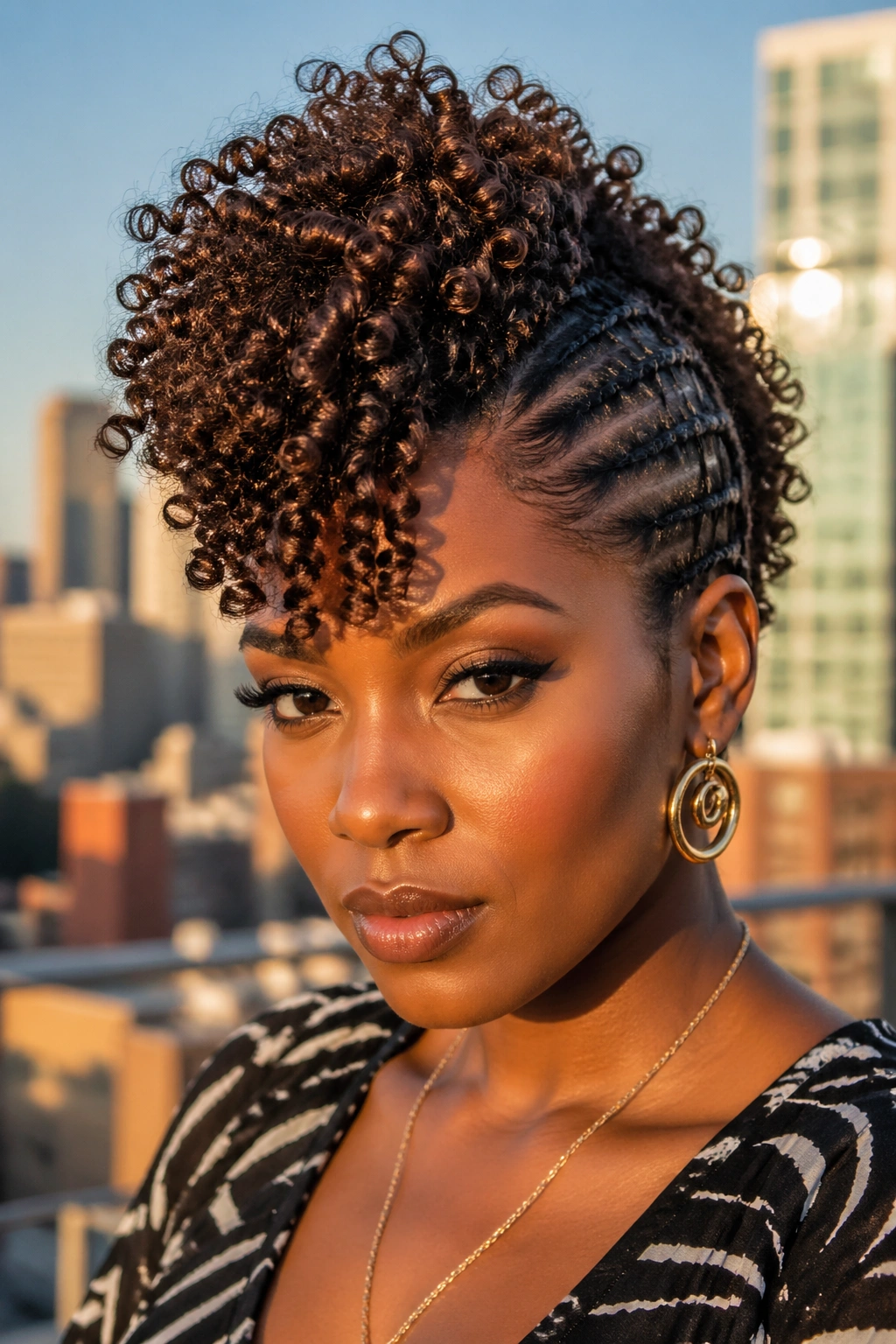 Close-up of a real woman with a juicy curl Mohawk in an urban setting