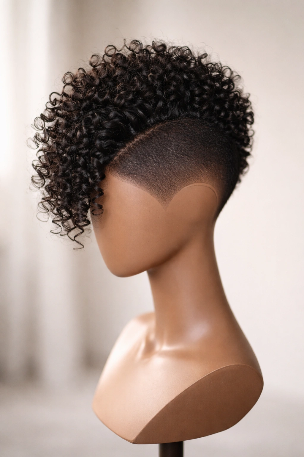 Mohawk-inspired curly cut wig with central curl crown