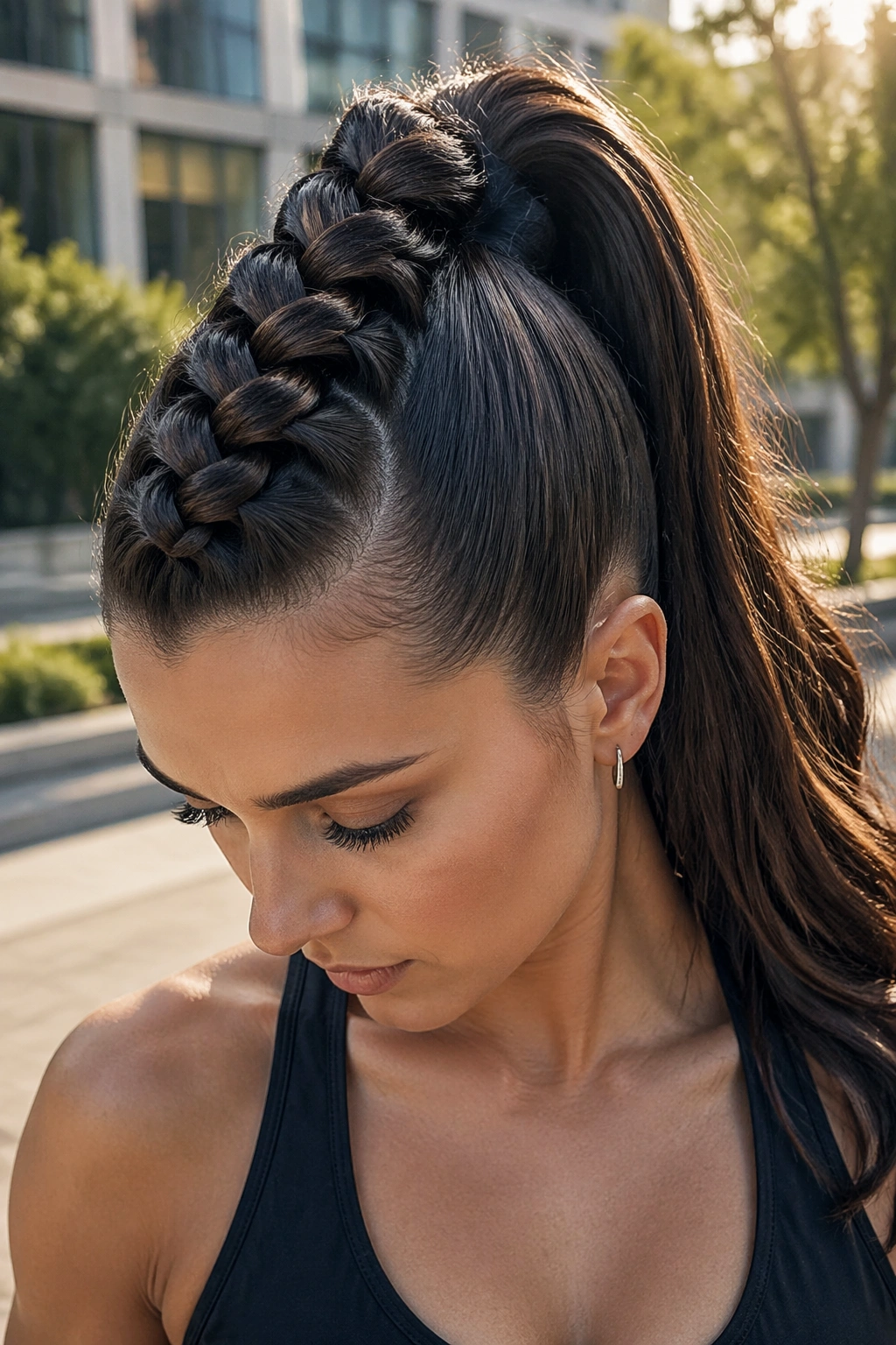 Close-up of a real person with a dramatic center dutch braid rising into a high ponytail