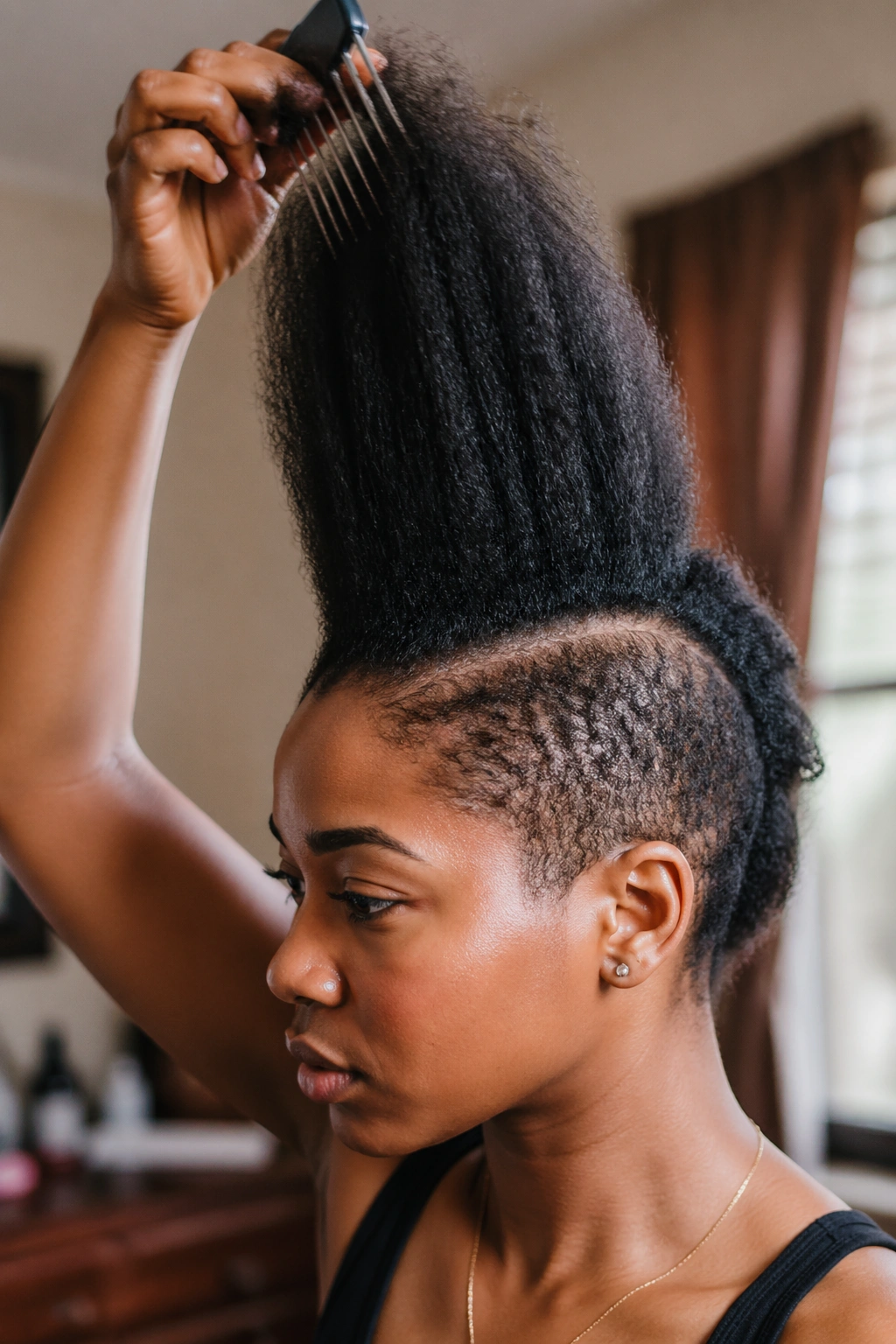 Portrait of a real person with a mohawk being stretched upward for height.