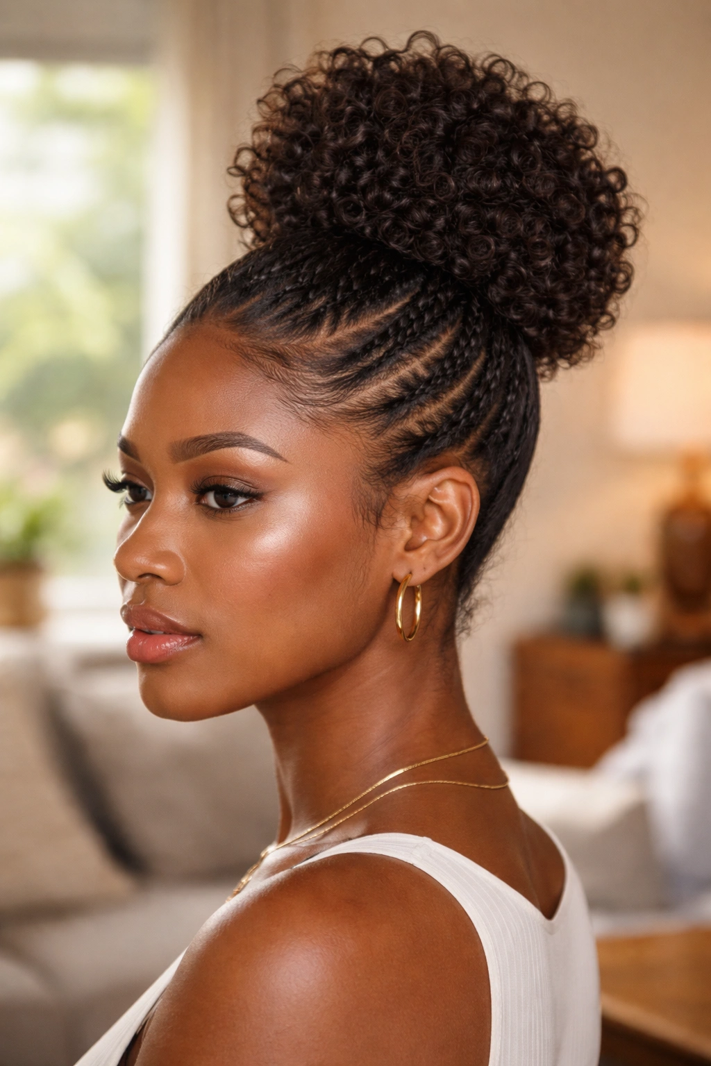 Close up of a real Black woman's Mohawk high bun with cornrows on the sides