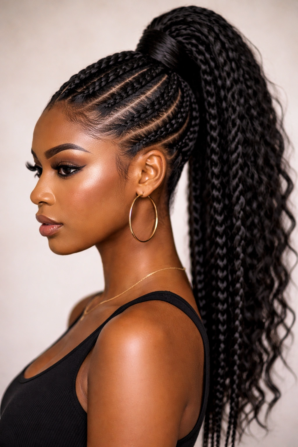 Mohawk-inspired feed-in ponytail with raised center ponytail