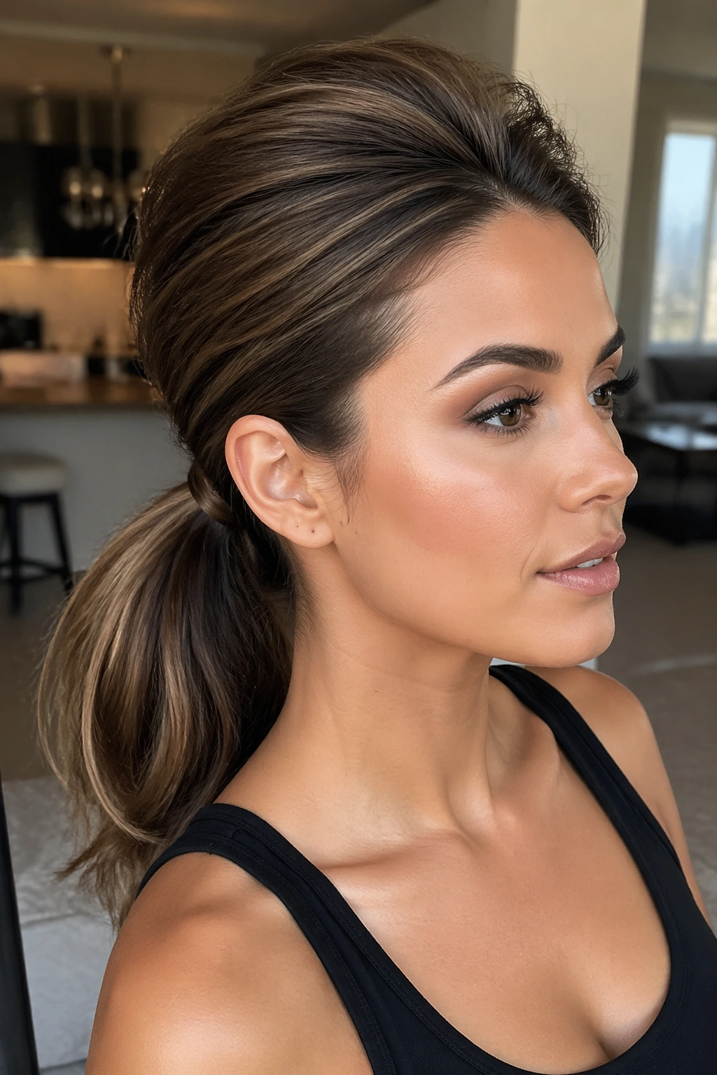 Close-up of a real person showing crown lift in a Mohawk-Lift Low Ponytail