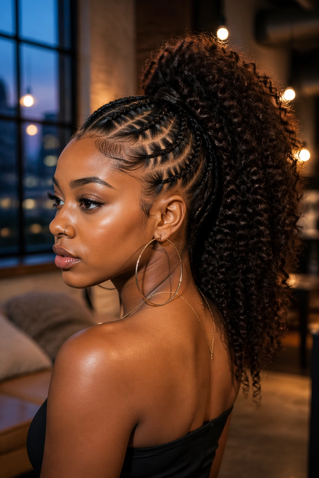 Three-quarter view of Mohawk ponytail with center strip and sleek sides on a real 4A-haired person