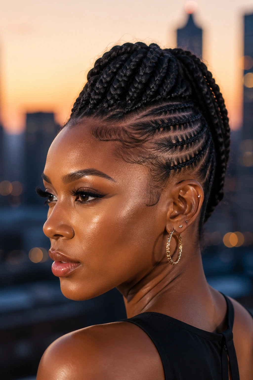 Portrait of a real person with a braided mohawk ponytail on an urban rooftop at dusk