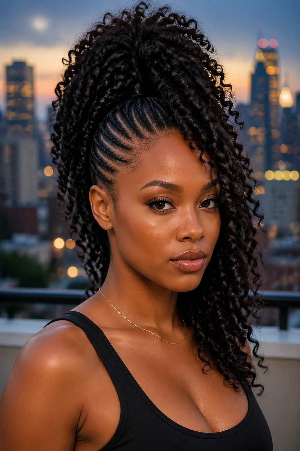 Close-up portrait of a real Black woman with a mohawk ponytail and braided sides on a rooftop.