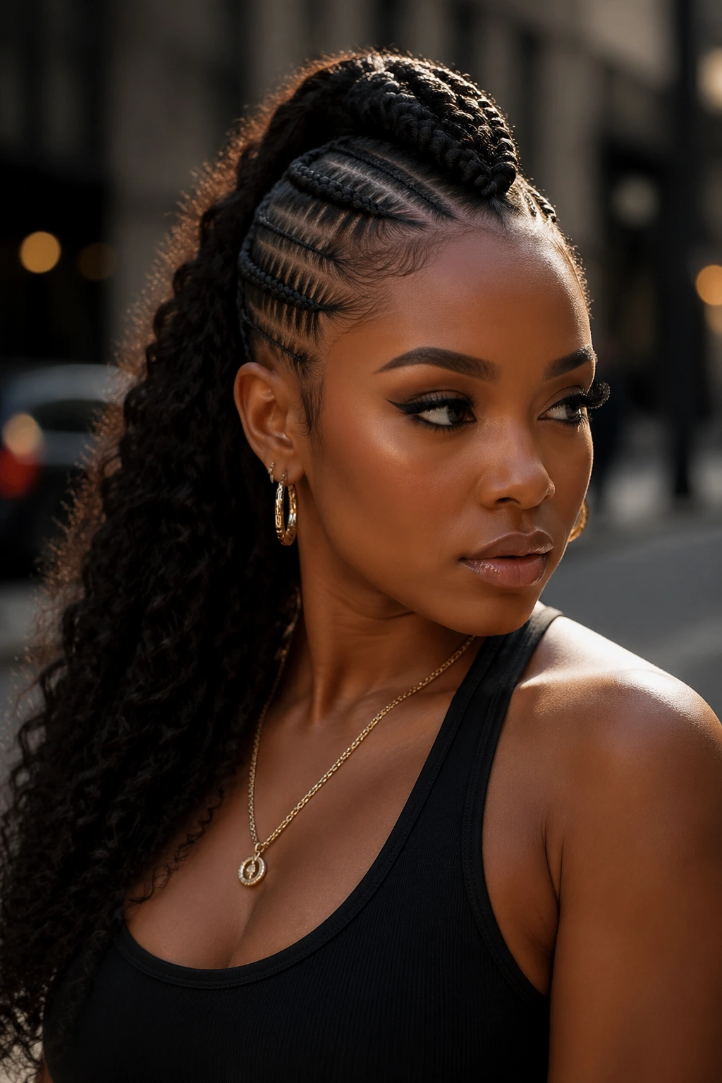 Real woman with Mohawk-inspired ponytail and flat braids
