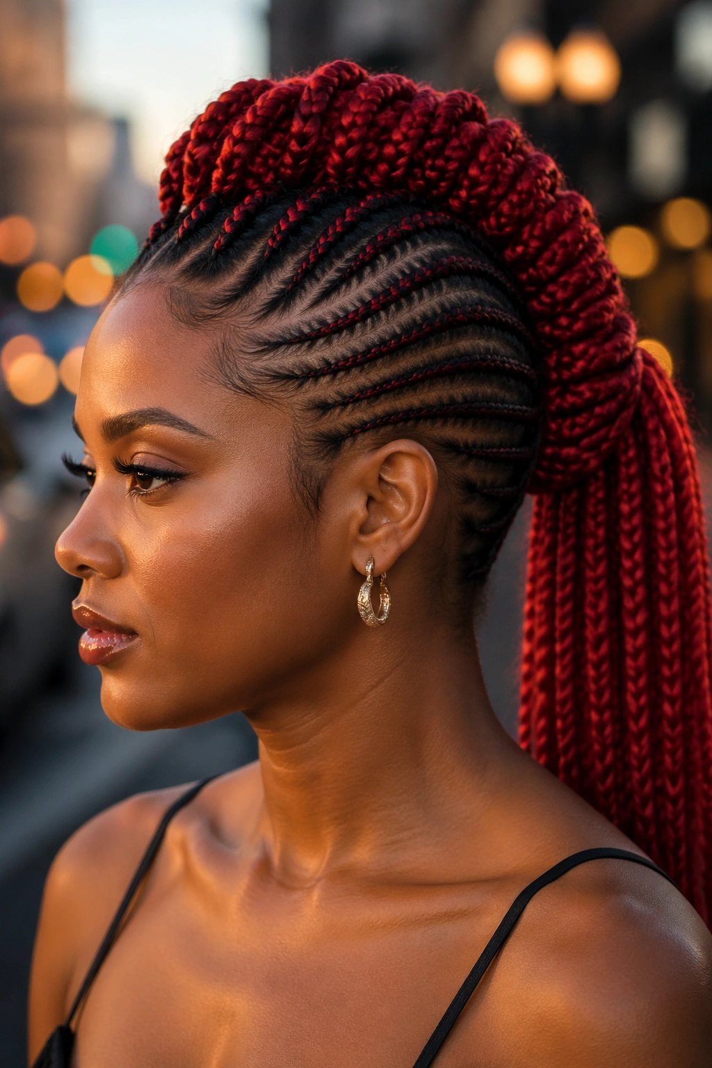 Profile portrait of a real woman with a braided mohawk ponytail featuring red extensions
