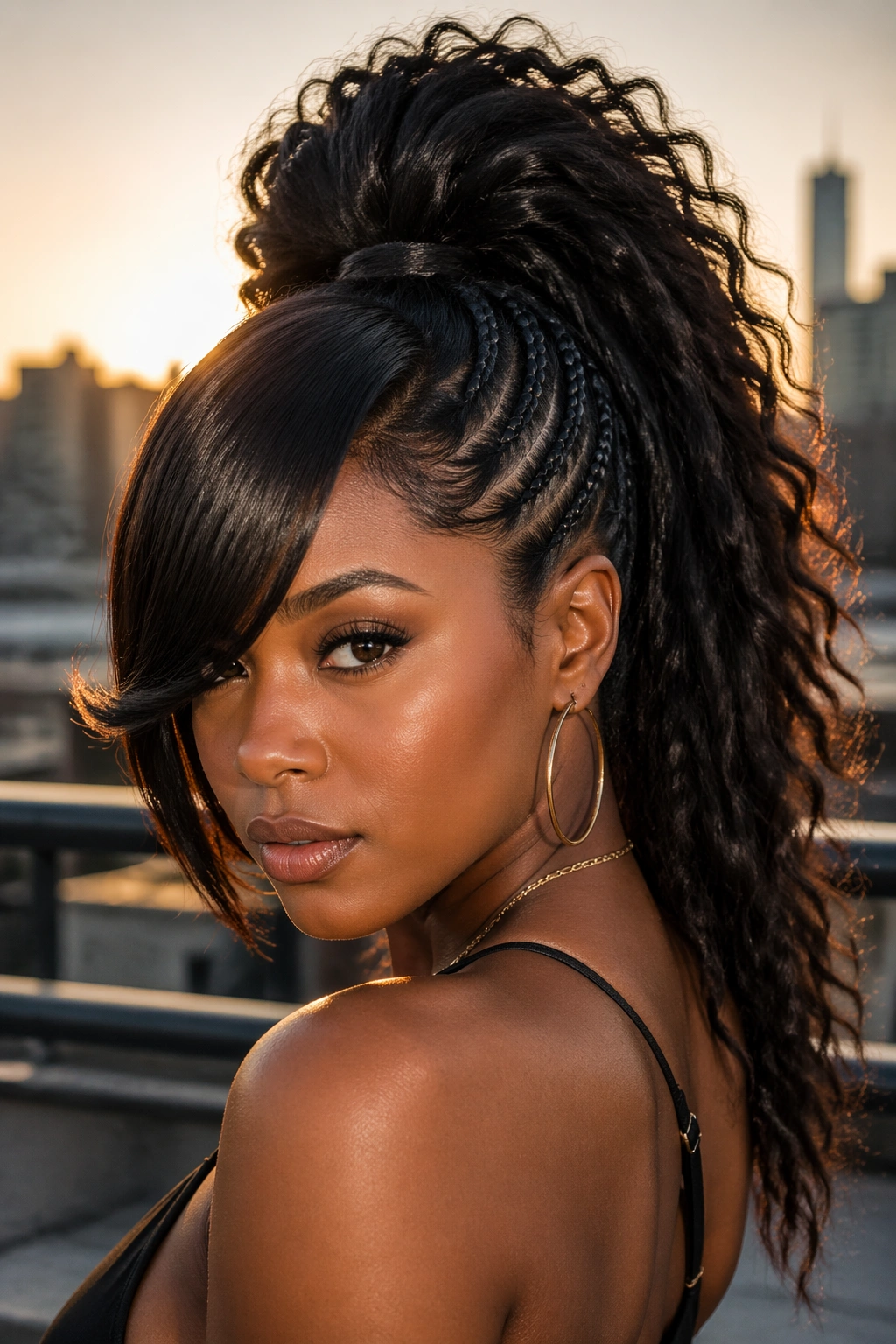 Close-up of a real woman with a mohawk ponytail and side-swept bang
