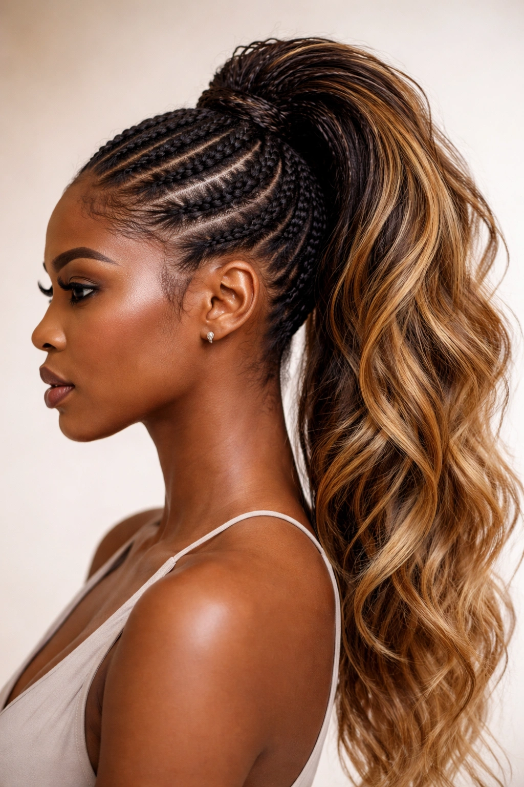 Mohawk ponytail with two-tone color showing dark roots and honey-blonde ponytail