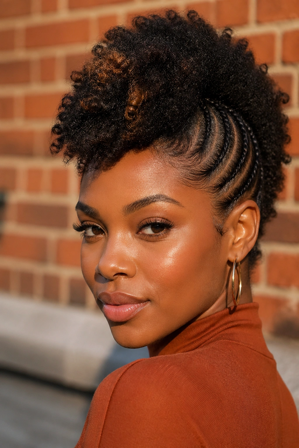 Mohawk puff hairstyle on a real woman in an urban setting