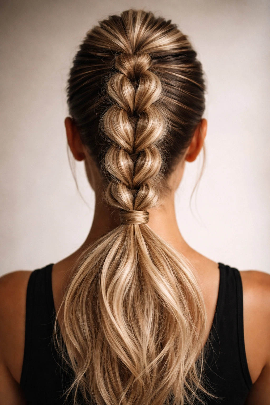 Mohawk pull-through ponytail with stacked center braids