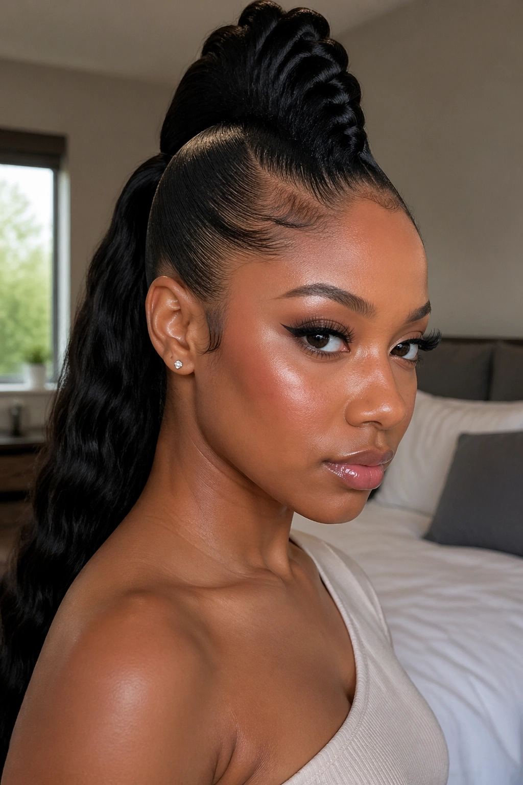 Close-up of a real person with a mohawk-inspired quick weave ponytail featuring a high center ponytail and sleek sides.