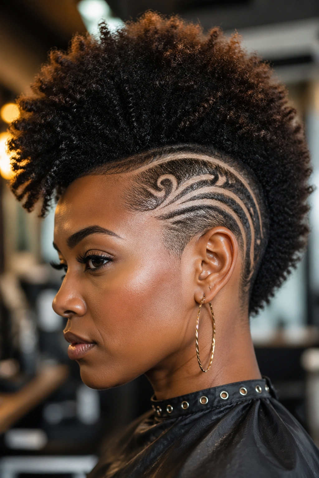 Close-up of a real person with shaved side designs and a tall center Afro in a barber shop.