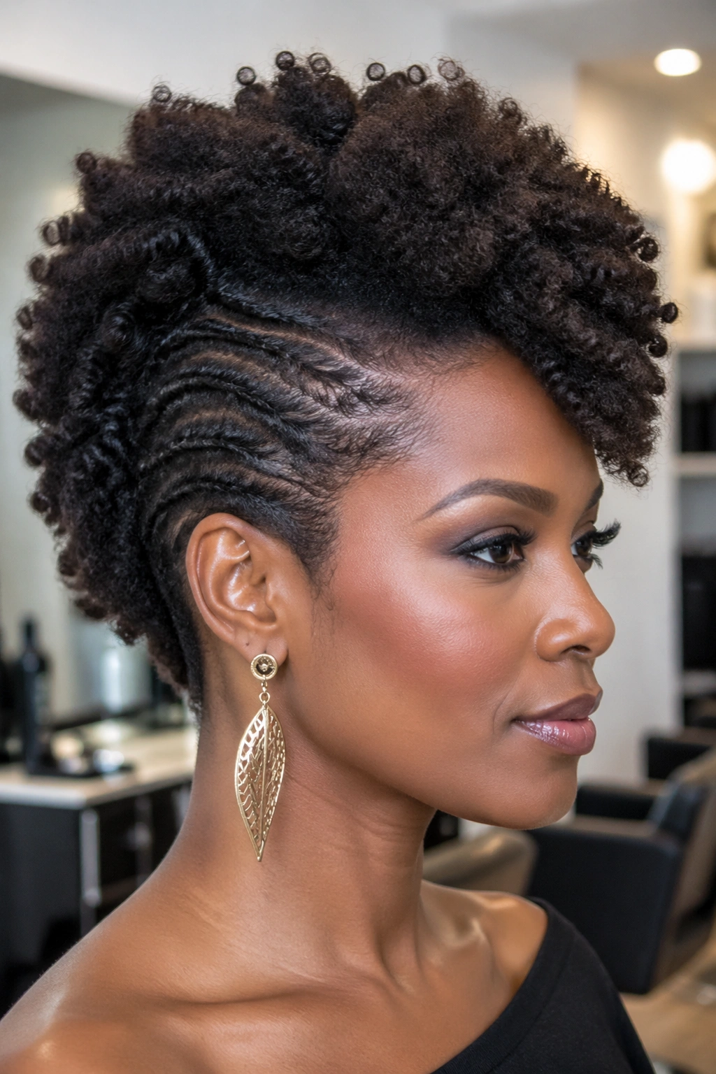 Real woman with Mohawk-inspired updo on short hair