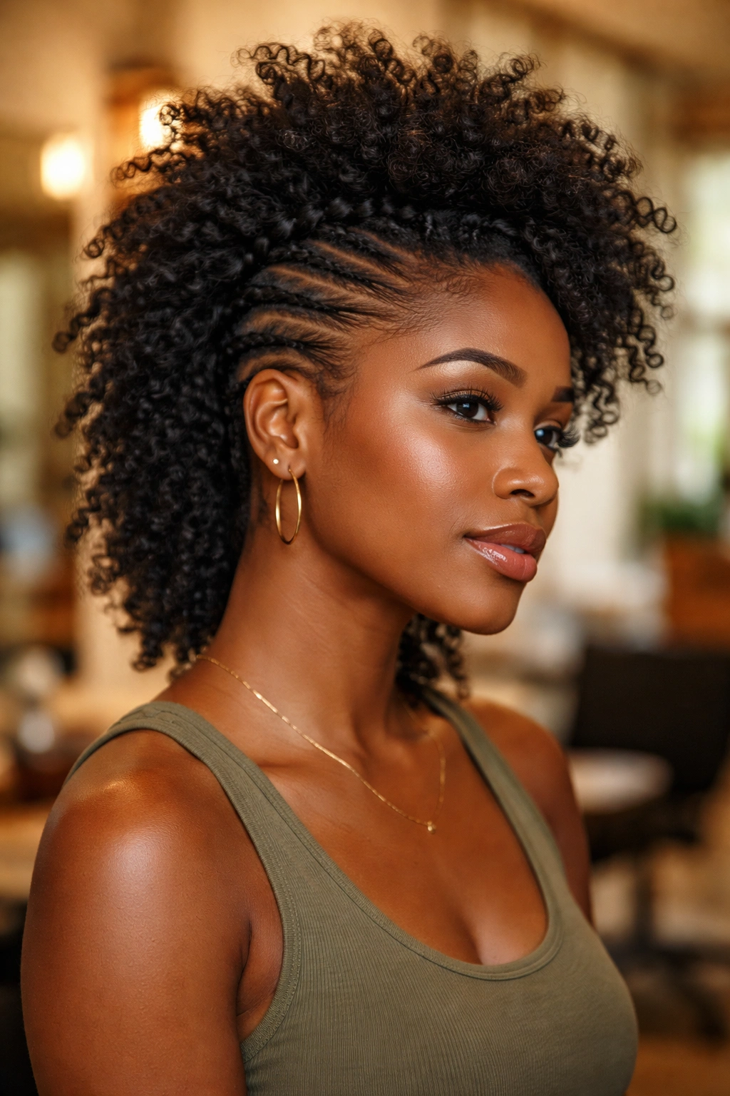 Portrait of a real person with a mohawk created by side twists and a voluminous center