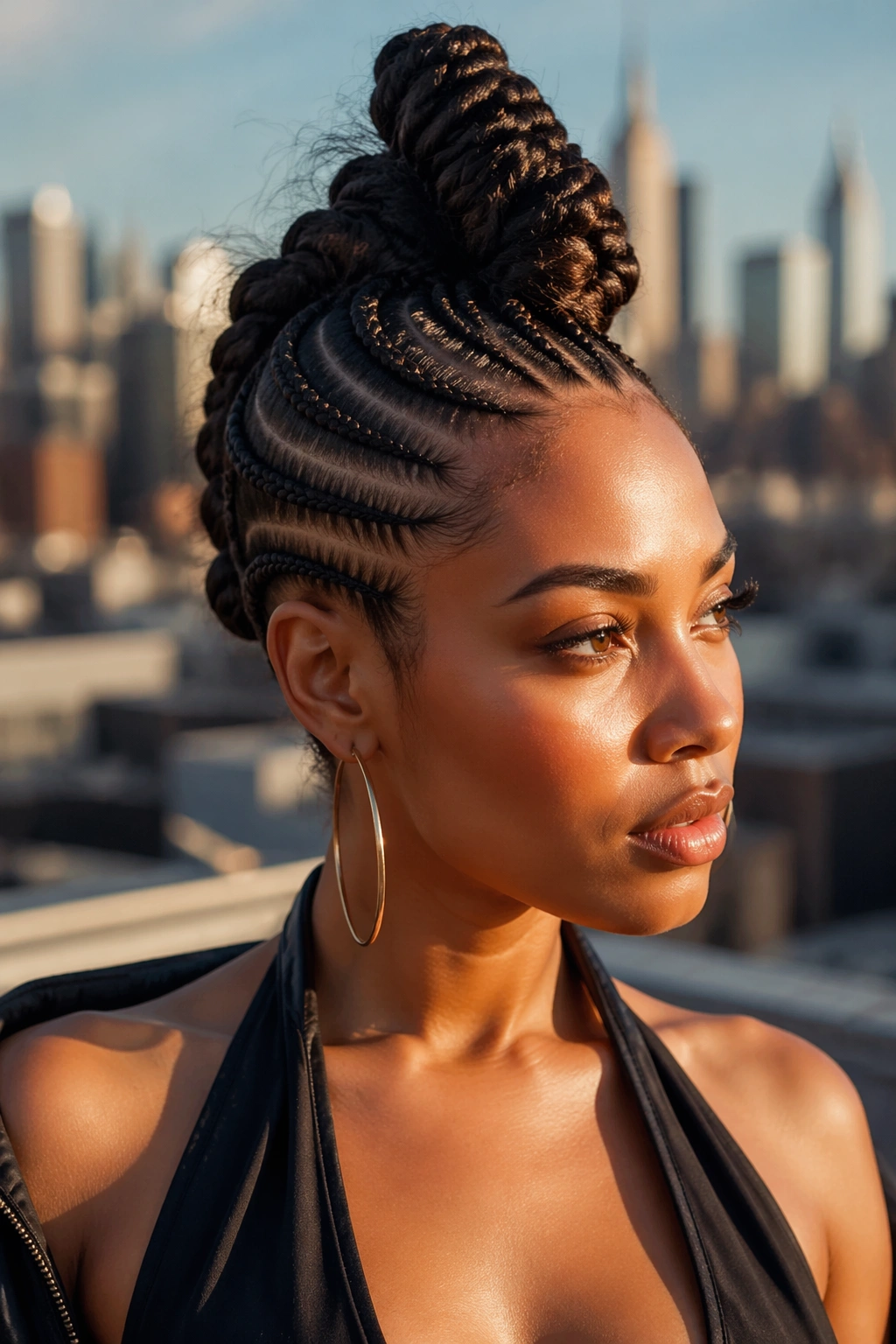 Close-up portrait of a real person with a Mohawk-style cornrow updo featuring a tall topknot.