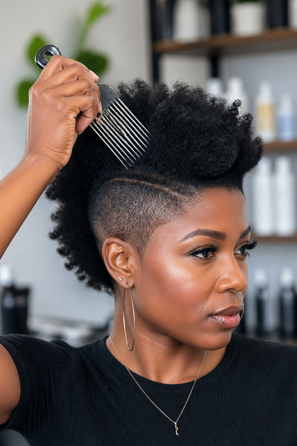 Close-up of a real person with a Mohawk, focusing on tools and central strip in a salon setting.