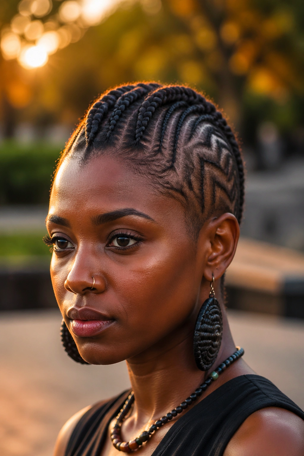 Close-up of a real person with center Mohawk of dense cornrows and side patterns