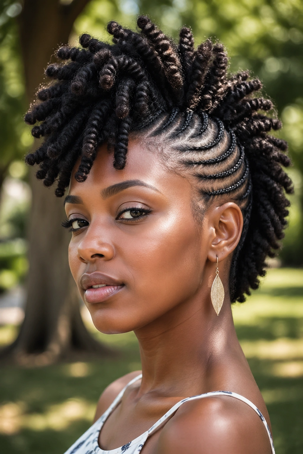 Close-up of a real Black woman with side cornrows and a chunky twist-out center.