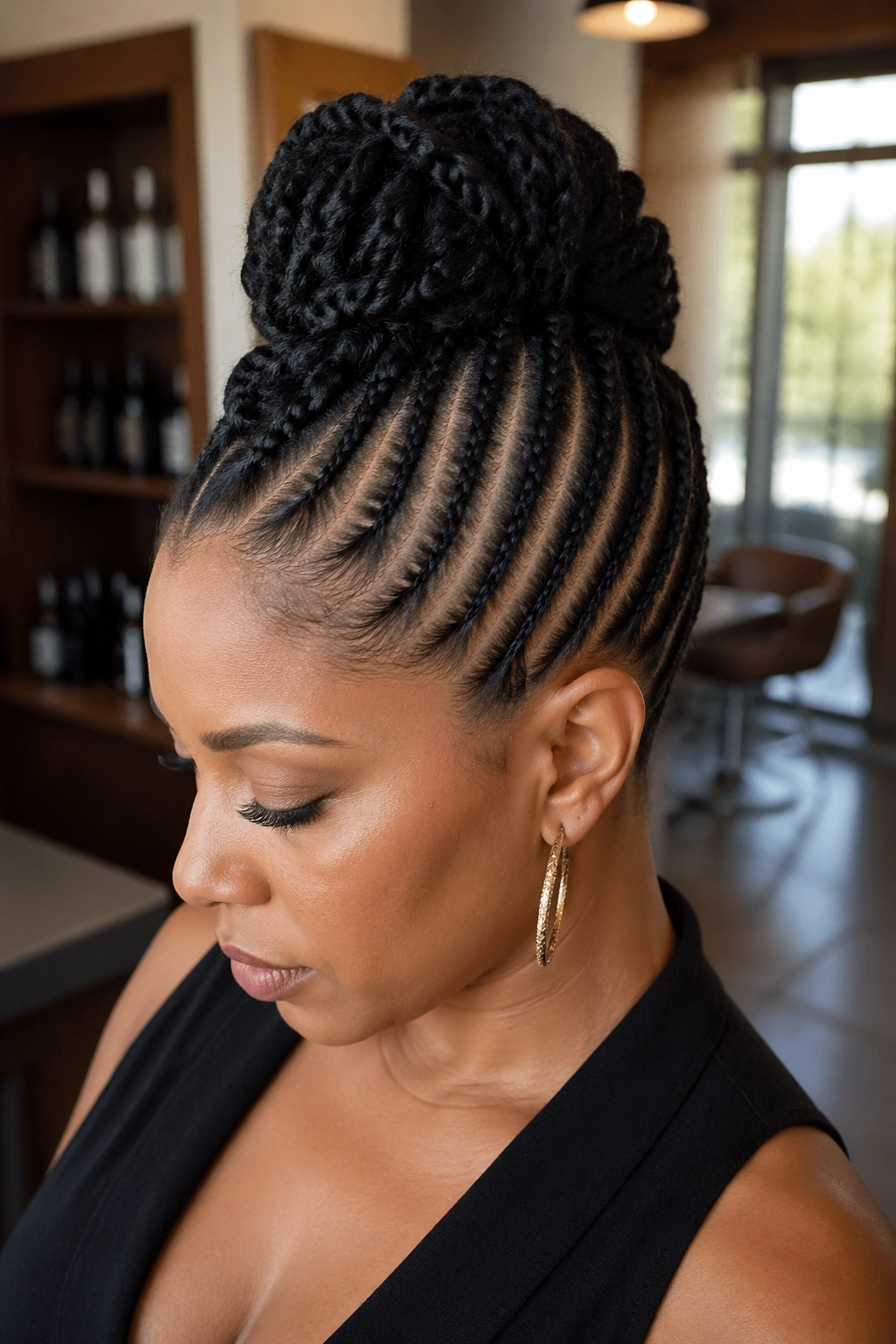 Close-up of a real person with a Mohawk cornrow updo in a salon setting.