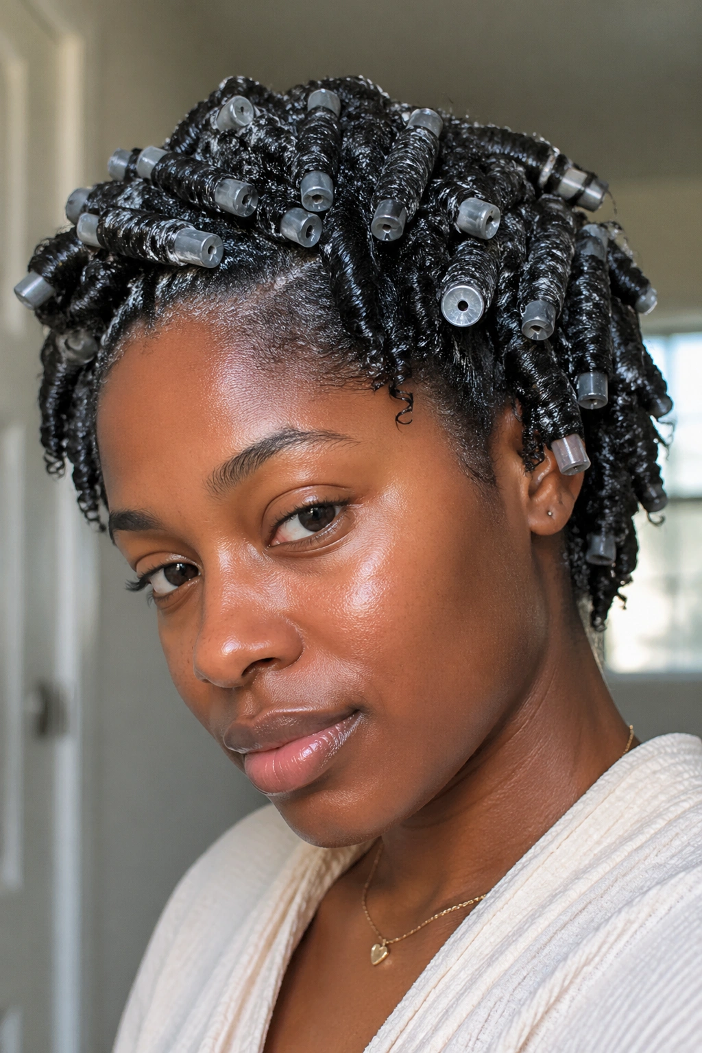 Close-up of a real woman with rod curls and moisture-rich products on 4C hair