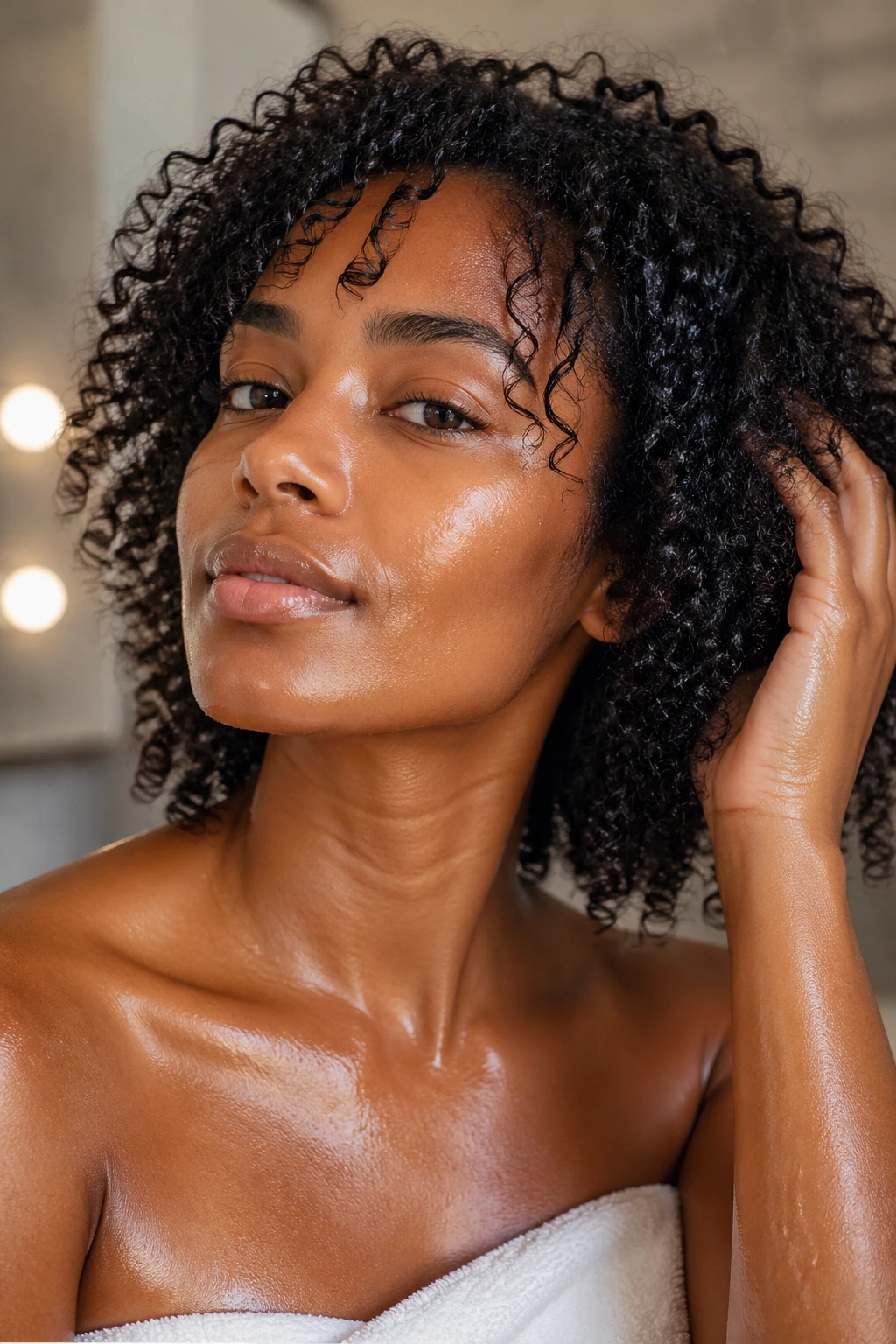 Moisturized glossy curls in a bathroom setting