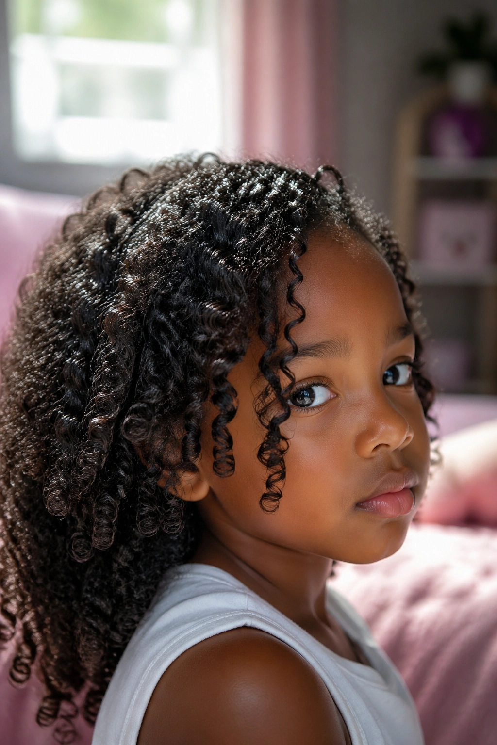Close-up of a real girl's moisturized curls under soft window light