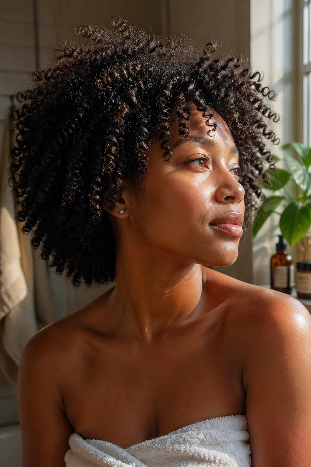 Hydrated, glossy curls on a real person under warm light.
