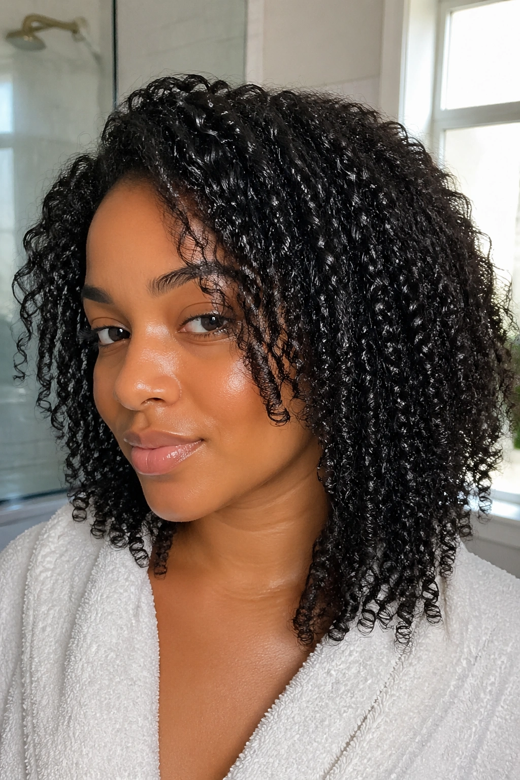 Moisturized curly hair on a real person before brushing
