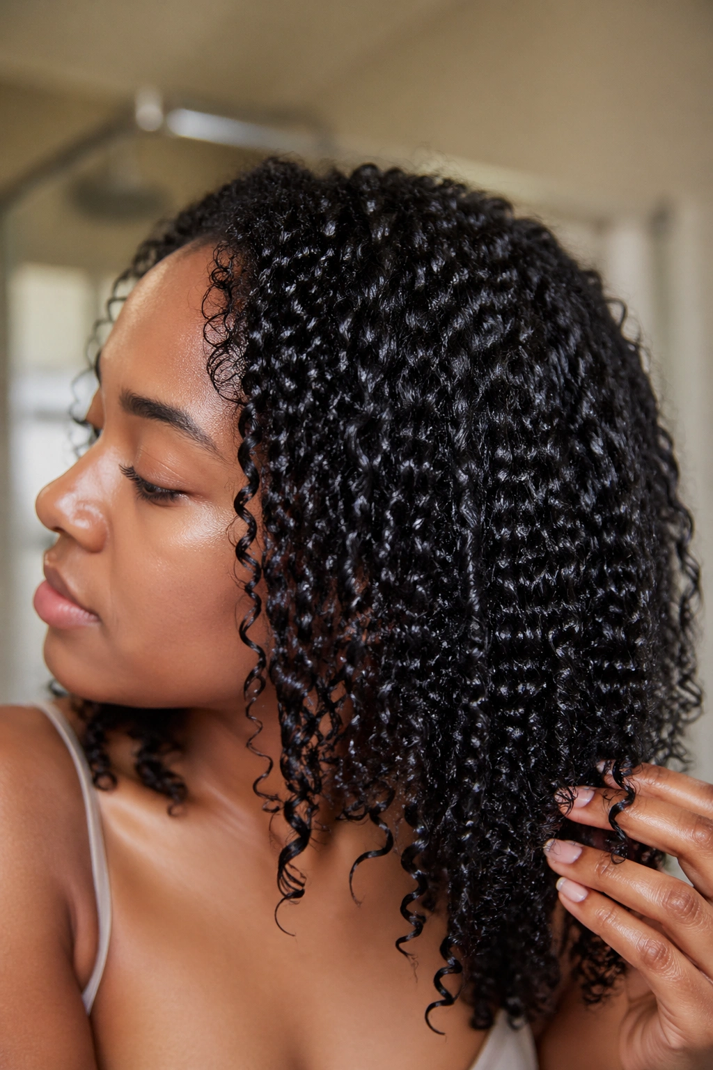 Moisturized curly hair with defined shine on real person