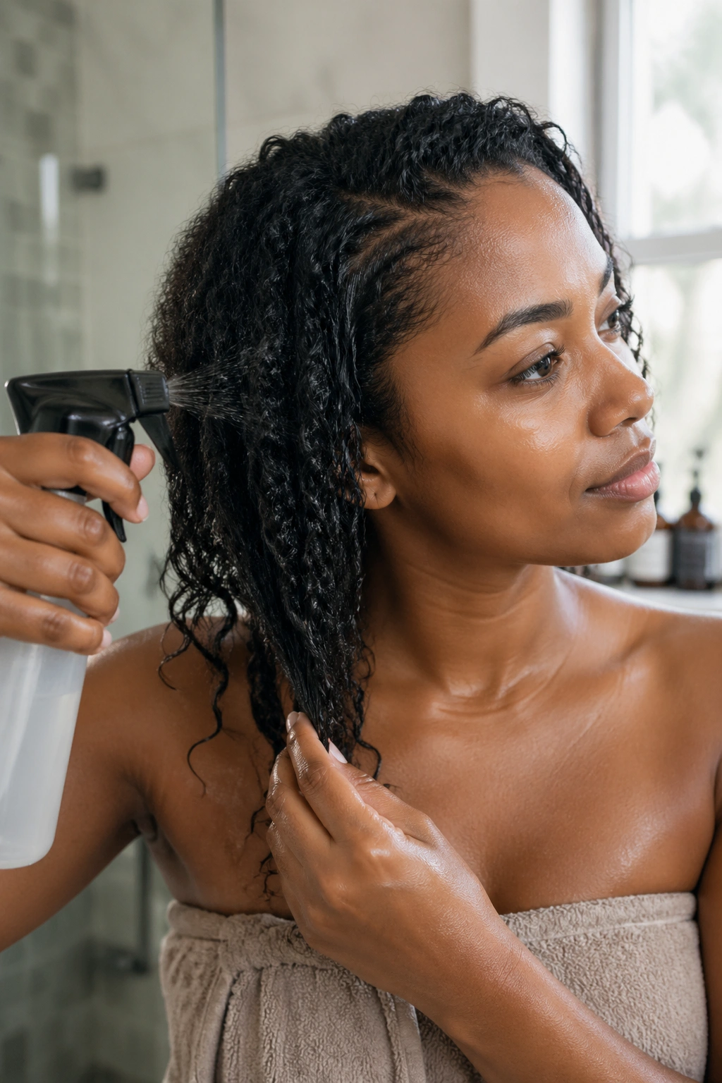 Woman prepping moisture on conditioned hair with spray bottle in bathroom