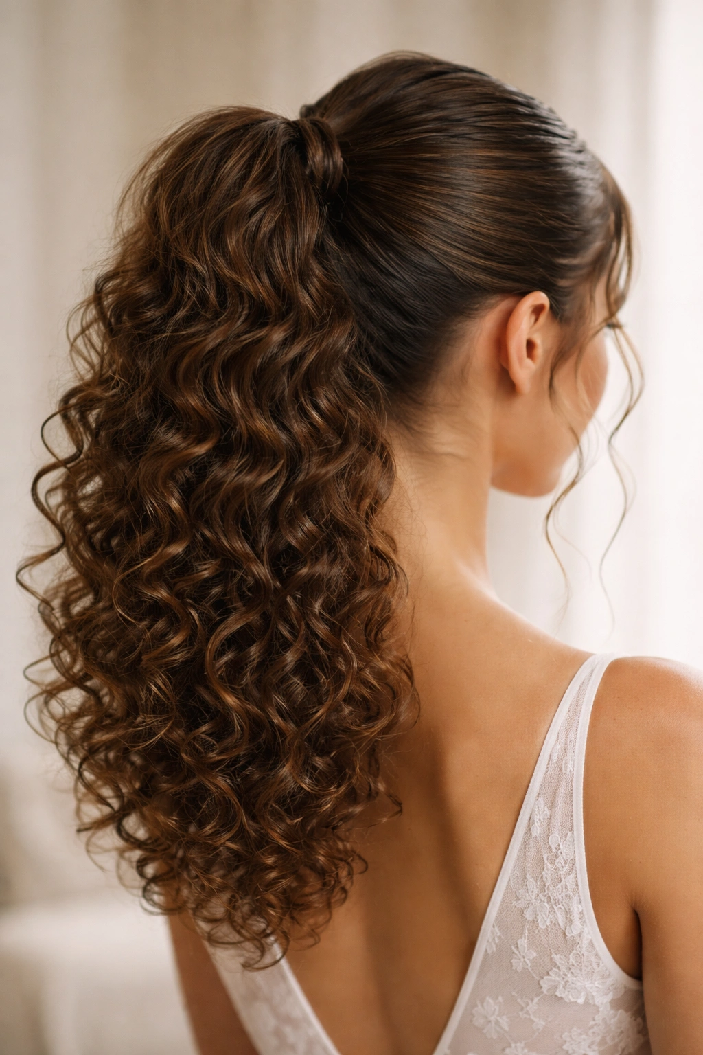 Moisture-resistant curly ponytail with strong base and controlled frizz in humidity