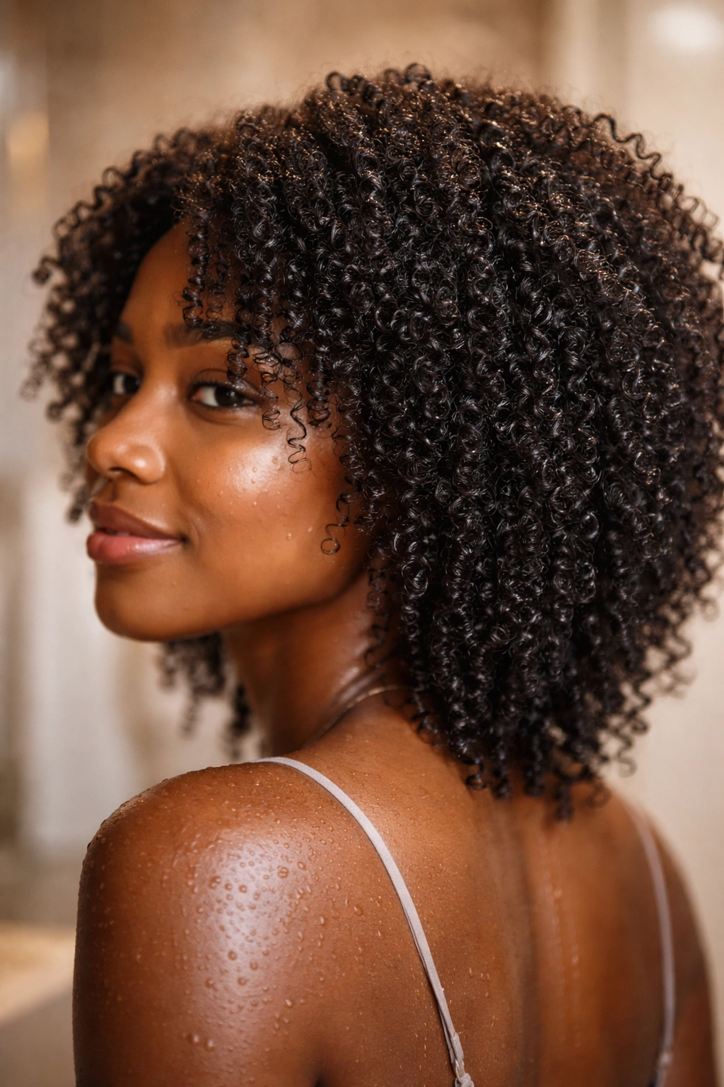 Moisturized tight curls close-up in a steamy bathroom setting.
